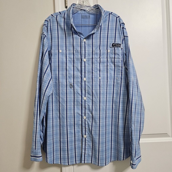 Columbia UPF 50 Omni Shade PFG Fishing Shirt Men's XXL Blue Plaid Vented LS EUC - Picture 5 of 12